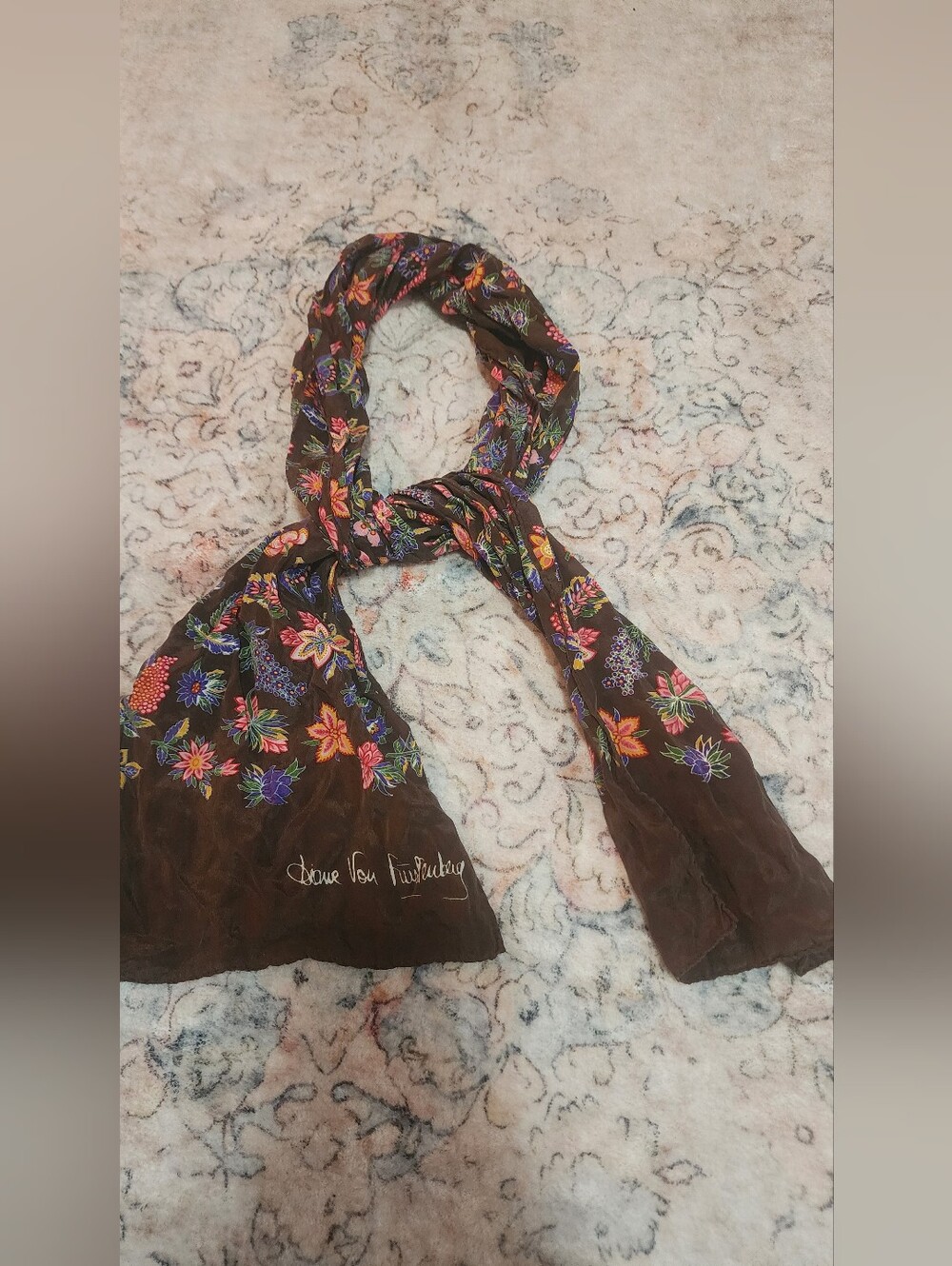 Diane von Furstenberg 100% Silk Floral Scarf Brown Multicolor 50x11 DVF